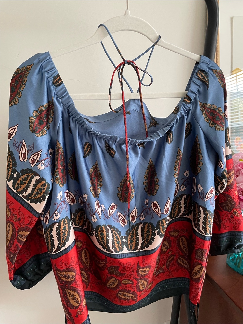Boho Paisley Off-Shoulder Top in Blue and Red